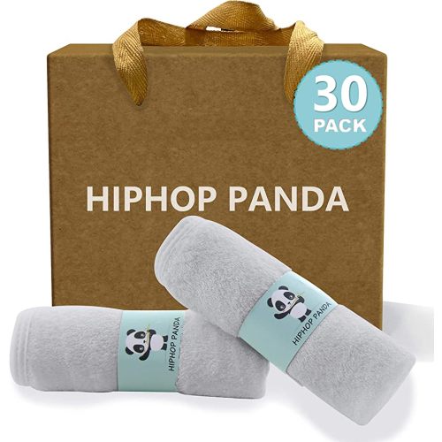 HIPHOP PANDA Baby Washcloths, Rayon Made from Bamboo - 2 Layer Ultra Soft Absorbent Newborn Bath Face Towel - Reusable Baby Wipes for Delicate Skin - Grey, 30 Pack