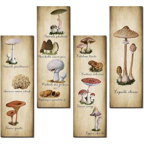 4 Pack Mushroom Wall Decor Vintage Wooden Art Sign Rustic Mushroom Kitchen Decor Fungus Aesthetic Poster for Bedroom, Dining Room, Living Room, Office(11 x 3.5 Inch)