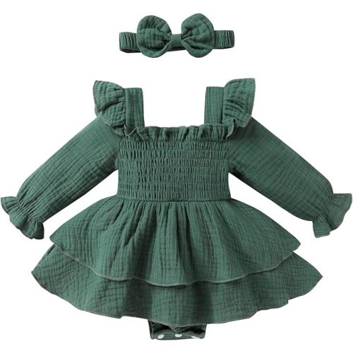 YOUNGER TREE Baby Girl Fall Clothes Infant Long Sleeve Ruffle Romper Dress with Headband Cute Toddler Winter Outfits