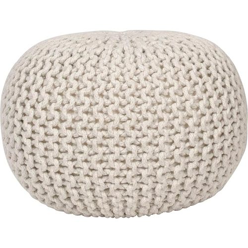 Decor Therapy Lola Round Knit Lurex Yarn and Cotton Pouf, Off-White 20x20x14