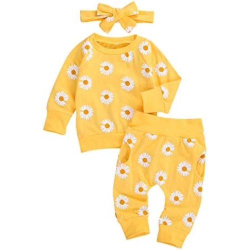 3Pcs Baby Girl Outfits Daisy Sweatshirt + Pants + Headband Infant Fall Winter Clothes