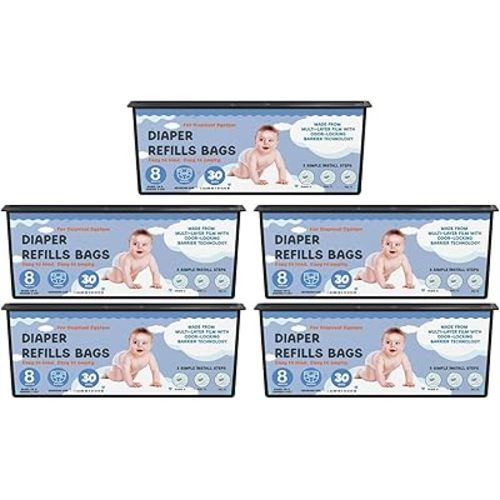 Diaper Pail Refills Bags with 30 Bags Compatible with Genie Easy Roll Signature Diaper Pails and Platinum Diaper Pails, Lasts Up to 8 Months, 7-Layer Odor-Barrier Technology, 5 Pack (150 Bags)