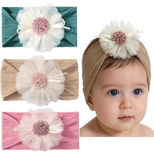 Baby Girls Sunflower Headbands, 3 Pack Baby Hairband Hair Bows Lace and Stretchy Elastic Accessory for Newborn Infants Toddlers (Brown+Dark Blue+Candy Pink, One Size(Stretchy))