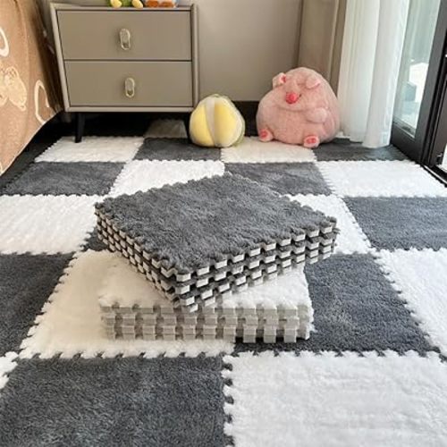 12pcs Carpet Squares Puzzle Floor Mat, Plush Interlocking Carpet Tiles, Anti Slip EVA Foam Jigsaw Floor Tiles, Build A Safe Area for Bedroom Playroom (White+Grey)