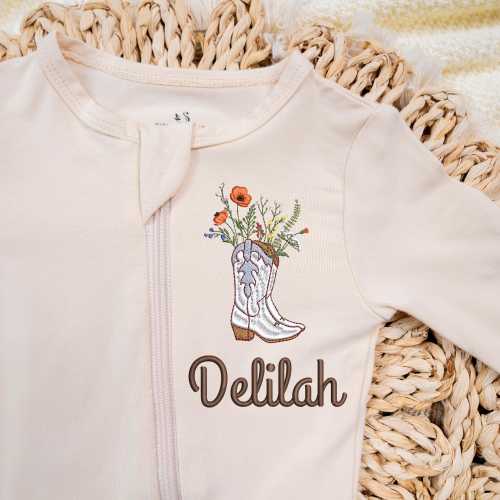 Personalized Western Cowboy Girl Baby Pajamas, Western Newborn Outfit, Embroidery Floral Boots Cowgirl Sleep Bodysuit, Custom Baby Girl Name