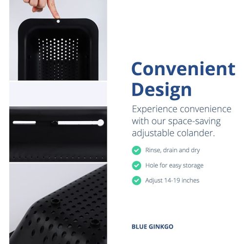 BLUE GINKGO Over the Sink Colander Strainer Basket - Wash Vegetables and Fruits, Drain Cooked Pasta and Dry Dishes - Extendable - New Home Kitchen Essentials (7.9W x 14-19L x 2.75H) - Black