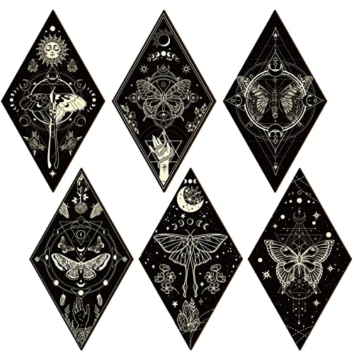 Sintuff Mushroom Wall Art Gothic Boho Sun Moon Phases Decor,Mysterious | Diamond Wooden Pieces with Celestial Designs, Farmhouse Gallery Display Bedroom, Witchy Minimalist Hanging Accents