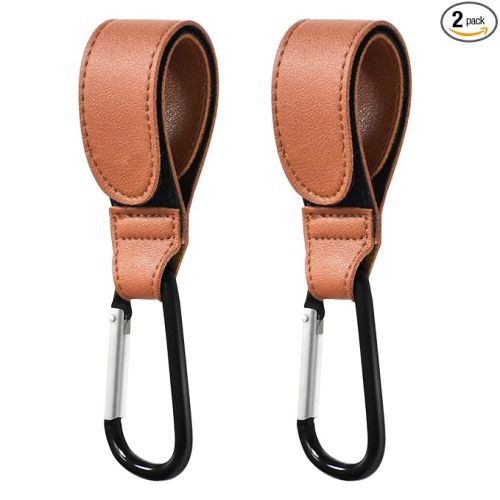 Diaper Bag Stroller Hooks for Hanging, 2 PCS Durable Leather Style Stroller Clip Straps, Baby Stroller Hooks for Diaper Bags Grocery Shopping Bags, Mommy Hook for Stroller (Brown)