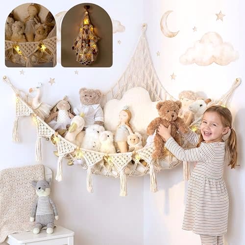 TIDYTEDS Stuffed Animal Hammock Corner | Sturdy Handcrafted Stuffed Animal Net | 4mm Double Macrame Cord Stuffed Animal Holder | Natural 100% Cotton Plushie Net | Toy Hammock w/LED Light (Ice Cream)