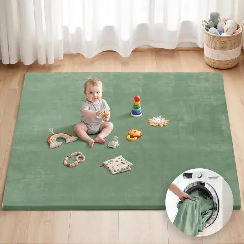 Blissful Diary Ultra Soft Baby Play Mat, 71x59 Extra Large Floor Mat with Removable & Washable Slip-On Cover for Babies and Toddlers, Sage Green