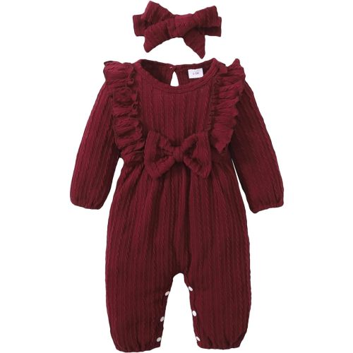 Happy Town Baby Girl Romper Infant Fall Winter Clothes Ruffle Sweater Long Sleeve Bodysuit Jumpsuit and Headband