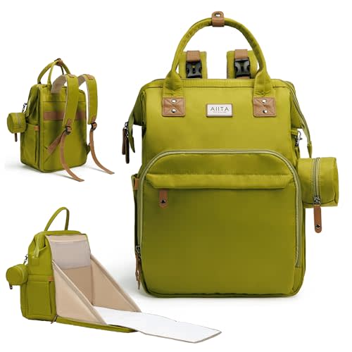 Diaper Bag Backpack, Multifunction Diaper Bag with Changing Station, Stylish Baby Bags, Large Unisex Diaper Backpack for Mom and Dad, Baby Registry Search, Portable Changing Pad – Yellow Green