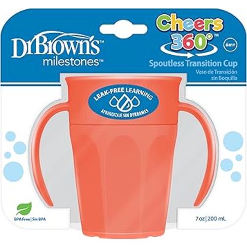 Dr. Brown's Milestones Cheers 360 Spoutless Transition Cup with Handles, Travel Friendly and Leak Free Sippy for Babies and Toddlers, Coral, BPA-Free, 7 oz/200 mL, 6m+