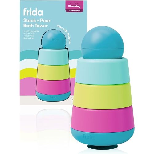 Frida Baby Stack + Pour Bath Tower Bath Toy, Bath Toys for Toddlers, Teaches Child to Grasp, Stack & Scoop. Gross to Fine Motor Skills, Hand Eye Coordination, Sort by Size, Count, Pretend Play