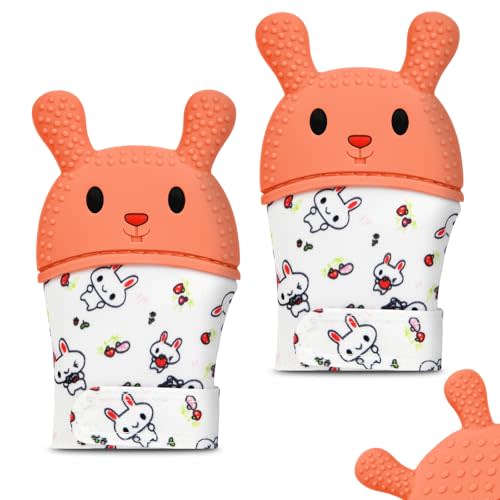 2Pack Silicone Teething Mitt, Rabbit Baby Teething Toy for 0-6 6-12 Months, Food Grade Silicone Infant Teething Mitten, BPA-Free Baby Chew Toys for Pain Relief, Sucking Needs
