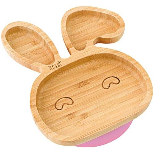 Bamboo Baby Plate with Suction - Kids and Toddler Suction Cup Plate for Babies, Non-toxic All-Natural Bamboo Baby Food Plate Stays Cool to the Touch for Baby-Led Weaning (Bunny-Pink)