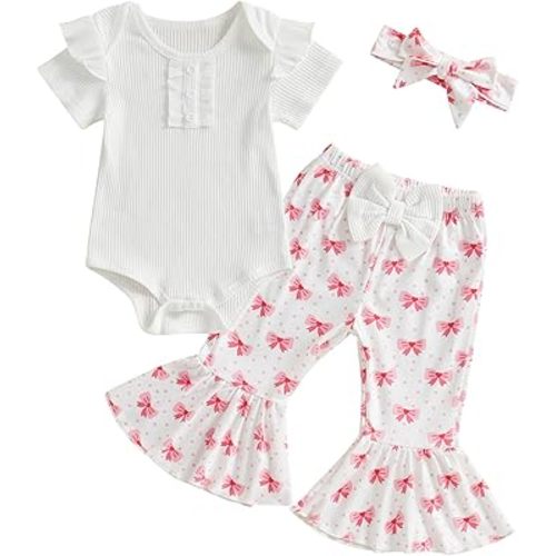 MERSARIPHY Baby Girl Bell Bottom Outfit Infant Newborn Western Summer Clothes Short Sleeve Ruffle Romper Tops Flare Pant Set