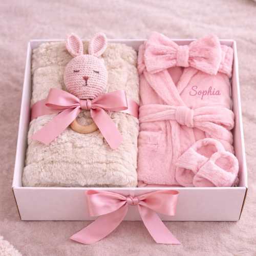 Personalized Infant Robe Set, Embroidered Baby Bathrobe, Slippers & Headwrap