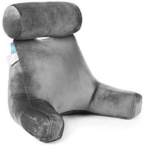 ZOEMO Bed Rest Reading Pillow - Bedrest Pillows with Arm Rests and Neck Roll for Reading Watching TV in Bed, Floor or Sofa - Big Bedrest Pillow with Neck Roll Pillow, Grey