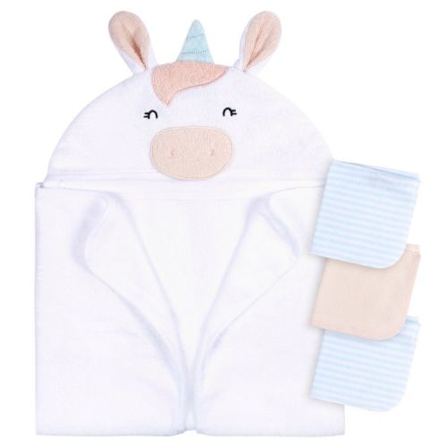 Gerber Baby White Unicorn Hooded Bath Towel & Washcloths, One Size Fits Most, 4-Piece Set