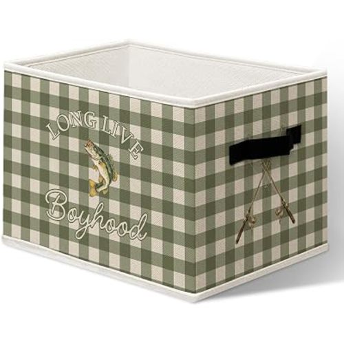 Cajas de almacenamiento a cuadros con diseño de peces de lubina, cubo de almacenamiento vintage para niños, sala de juegos de niños pequeños, cubos organizadores de larga vida para estantes