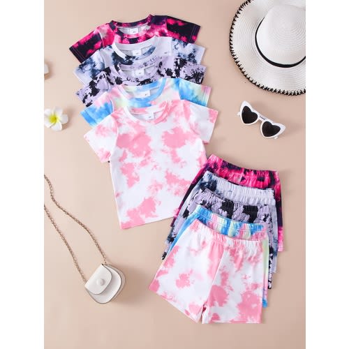 4Y 10pcs Vibrant Tie-Dye Print Women's Casual Polyester Blend Knit Shorts and T-Shirt Set - Soft & Comfortable, Short Sleeve Tops with Round Neck, Shorts with Elastic Waistband, Perfect for Outdoor Activities, Outdoor Clothing | Comfortable Fit, Shorts fo
