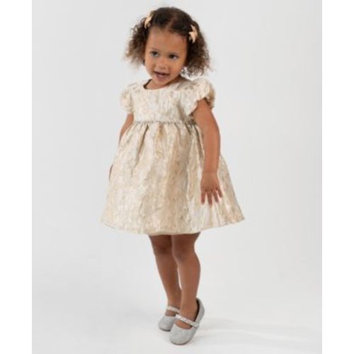 Baby Girls 2-Piece Gold Brocade Puff Sleeve Dress and Diaper Cover Set