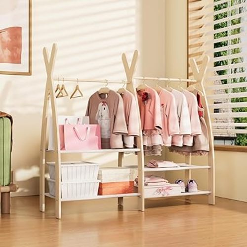 Kids Clothing Rack Dress Up Storage Closet for Girls Baby Garment Wardrobe Toddler Costume Closet with Double Hanging Rod Wood 2 Tier Bottom Storage Shelves Organizer