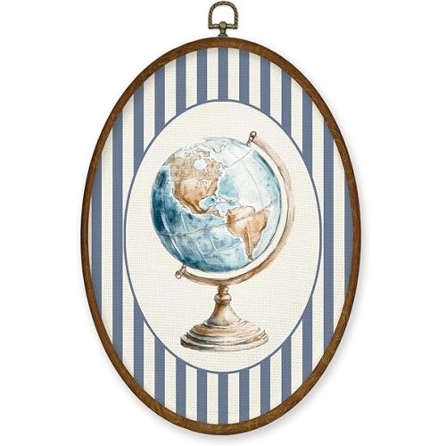 WULQYING Vintage Planet Globe Nursery Wall Art Decor, Travel Boy Nursery Travel Oval Framed Canvas Art Prints, Planet Toddler Wall Hanging Decor for Home Kids Living Room Bedroom,8.6x11.4 Inches