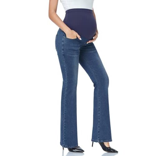 GLAMIX Women's Stretch Maternity Bootcut Jeans with Pockets Over The Belly Bell Bottoms Flare Denim Pants Pregnancy Clothes