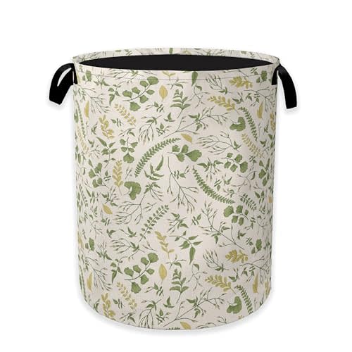 Green Herb Leaves Laundry Hamper,Rustic Wildflower Collapsible Laundry Baskets,Waterproof Oxford Cloth Laundry Room Organization for Bedroom,Bathroom,Nursery,16x20 Inch