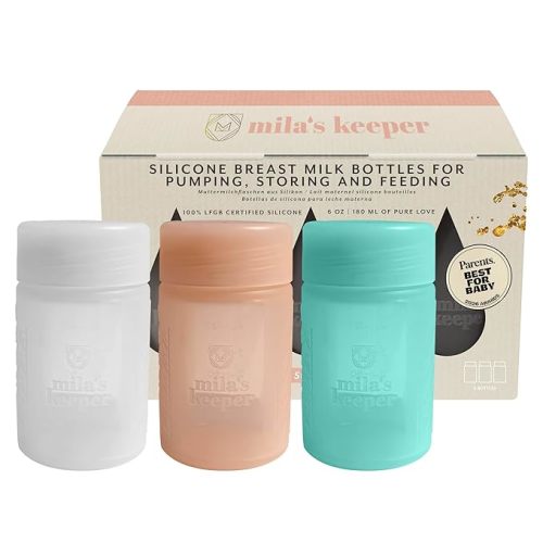 Mila's Keeper Silicone Breast Milk Storage Bottles, 3 in 1 Pumping, Storing and Feeding, Fits Leading Pumps and Nipples, 6 oz Silicone Milk Storage Containers, Wide Neck Multi-Color, Set of 3