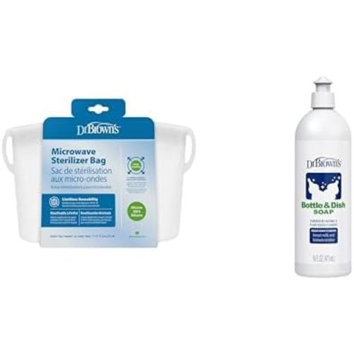 Dr. Brown's Reusable Silicone Sterilizer Bag, Bottle & Dish Soap Bundle - Steam Sterilizes Baby Bottles, Breast Pump Parts & Toddler Accessories