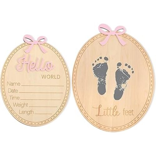 2pcs Wooden Bow Hello World/Footprint Sign - Bow Baby Girl Announcement Sign,Hello World Baby Girl Hospital Sign with Bow (Bow-2)
