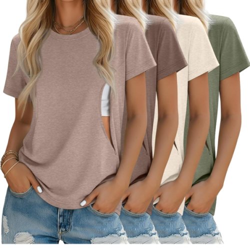 4 Pack Women's Nursing Breastfeeding Shirts with Zipper Loose Fit Short Sleeve Maternity Top Nursing Clothes