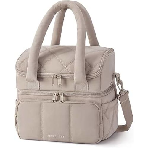 BAGSMART Lunch Bag Women, Double Deck Insulated Lunch Box, Quilted Puffer Lunch Tote, Leakproof, Durable & Reusable Large Lunch Cooler For Work Picnic Travel Meal Prep, Camel