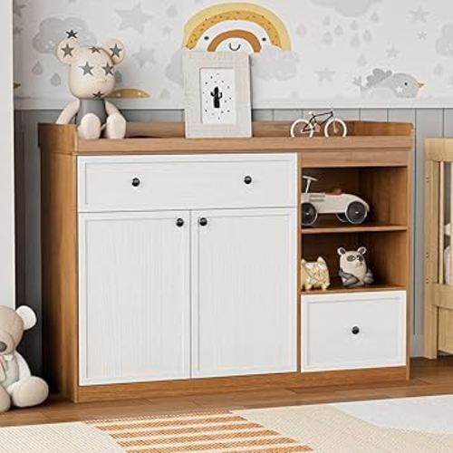 Wide Baby Changing Table Dresser with 2 Doors, 2 Different Size Drawers &Storage Cubbies, Durable Wood Construction, Built-in Shelves of Ample Storage for Nursery (White& Natural Wood)