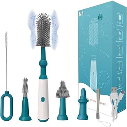 Electric Bottle Brush Set with Electric Bottle Brush Cleaner, 3 Replaceable Baby Bottle Brushes and Extension Handle. Silicone Bottle Brush, Waterproof, Perfect Baby Essentials(Dark Green)