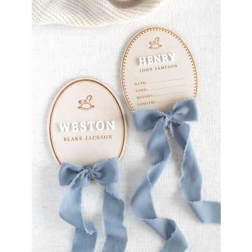 Baby Boy Name Announcement Sign: Newborn Hospital Birth Statistic with bow and rocking horse