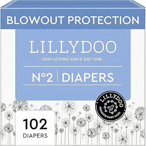 LILLYDOO Baby Diapers - Size 2 (9-18 lbs), Half-Monthly Supply (102 Count), Leak Protection, Skin-Friendly, Ultrasoft, Perfume- & Chlorine-Free, Hypoallergenic, Dermatologist Tested, Oeko-TEX®
