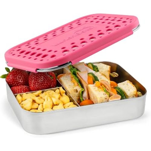 LunchBots Medium Trio Stainless Steel Kids Bento Box 3-Section Pink 32oz