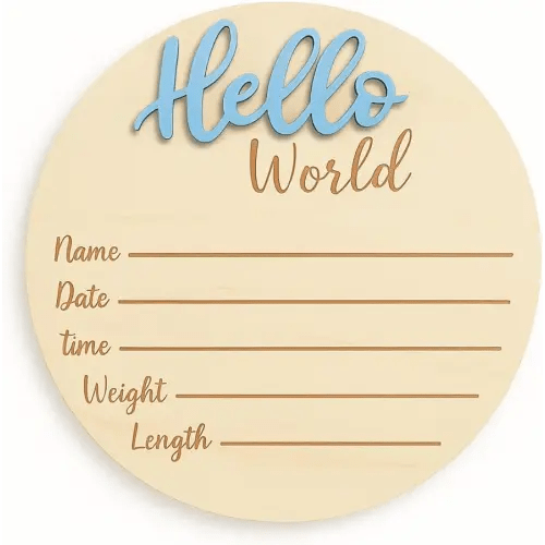 Baby Announcement Sign – 6” Wooden Hello World Newborn Name Sign, Hospital Birth Stat Plaque, Gender-Neutral Welcome Baby Keepsake, Personalized Photo Prop for Boys & Girls, Newborn Gift (Blue)