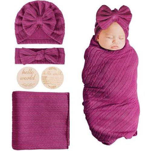 BQUBO Baby Swaddle Blankets for Girls, 4PCS Newborn Accessories Set with Hat and Bow Headband with Hello World Wooden Birth Announcement Card, Baby Blankets for Girls (Pink)