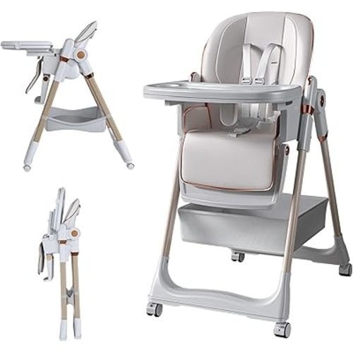 Foldable Baby High Chair with 150° Swing & Recline,Convertible High Chairs for Babies and Toddlers,5 Height Levels,3 Backrest & Footrest Positions,Removable Double Tray,Lockable Wheels (White 1)