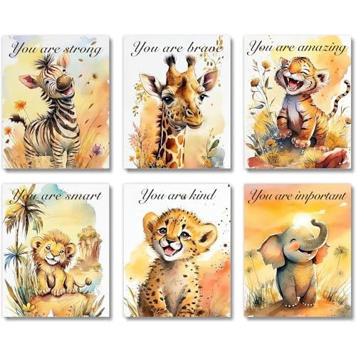 HUACANVASART Nursery Baby Room Wall Art Decor, Watercolor Animal Nursery Decor, Inspirational Words, Zebra Elephant Tiger Lion Giraffe Posters, Set of 6 (8"X10" inch, Unframed)