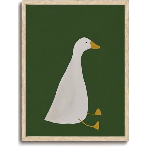 KISSFOX OAK Wood Framed Wall Art Duck Wall Decor Animal Canvas Art Green Pictures Cute Paintings Whimsical Artwork Minimalist Prints For Nursery Kids Children Playroom Boys Girls