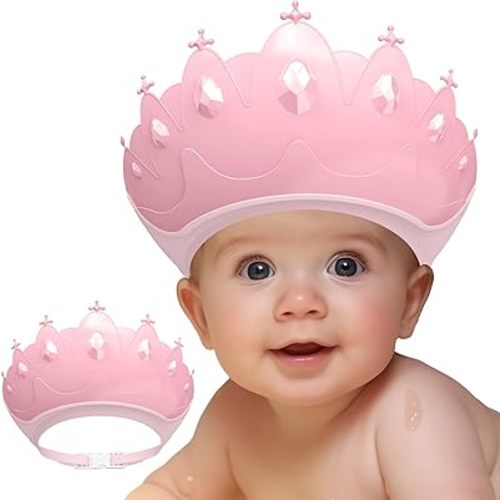 Baby Shower Cap Shield, Baby bath set shower cap, Visor Hat for Eye and Ear Protection for 0-9 Years Old Children,Cute Crown Shape Makes the Baby Bath More Fun (Pink)