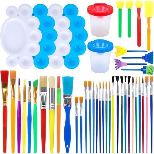 45PCS Kids Paint Brushes Set with Spill Proof Cups & Palettes