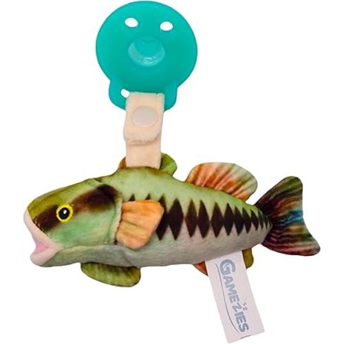 Gamezies Baby Boy and Girl Silicone Bass Fish Pacifier Outdoor Plush Toy Holder Removable, Washable Plush Toy CPSIA Tested, BPA-Free 0-6 Months