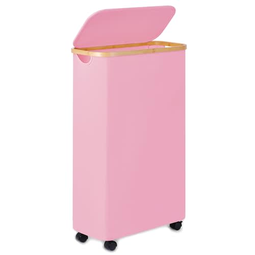 Merkisa 60L Slim Laundry Basket with Wheels,Narrow Hampers for Laundry,Freestanding Laundry Hamper with Lid&Bamboo Handles,Collapsible & Waterproof Tall Cloth Hamper for Dorm Family(Pink)